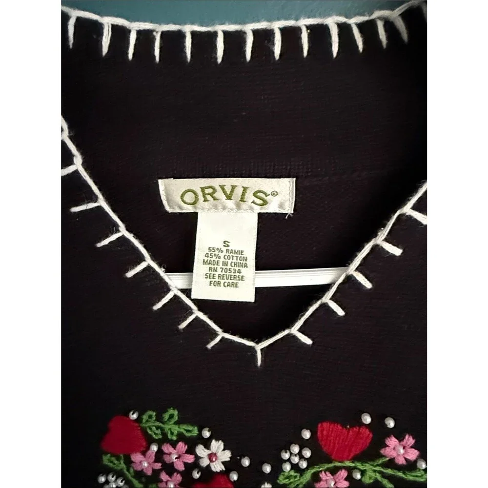 Vintage Orvis Black V-Neck Sweater with Pink, Red & Green Floral Heart